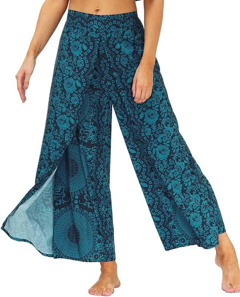 Ainuno Boho Pants Wide Leg Palazzo Pants with Slits for Women Flowy Hippie Pants Thin