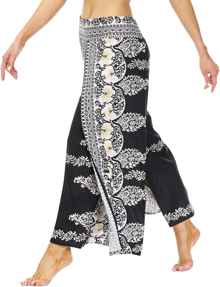 Ainuno Boho Pants Wide Leg Palazzo Pants with Slits for Women Flowy Hippie Pants Thin