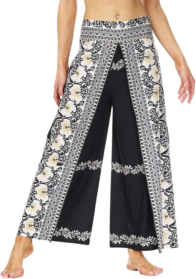 Ainuno Boho Pants Wide Leg Palazzo Pants with Slits for Women Flowy Hippie Pants Thin