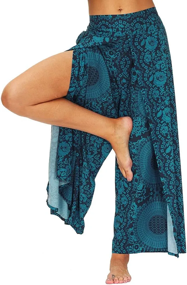 Ainuno Boho Pants Wide Leg Palazzo Pants with Slits for Women Flowy Hippie Pants Thin