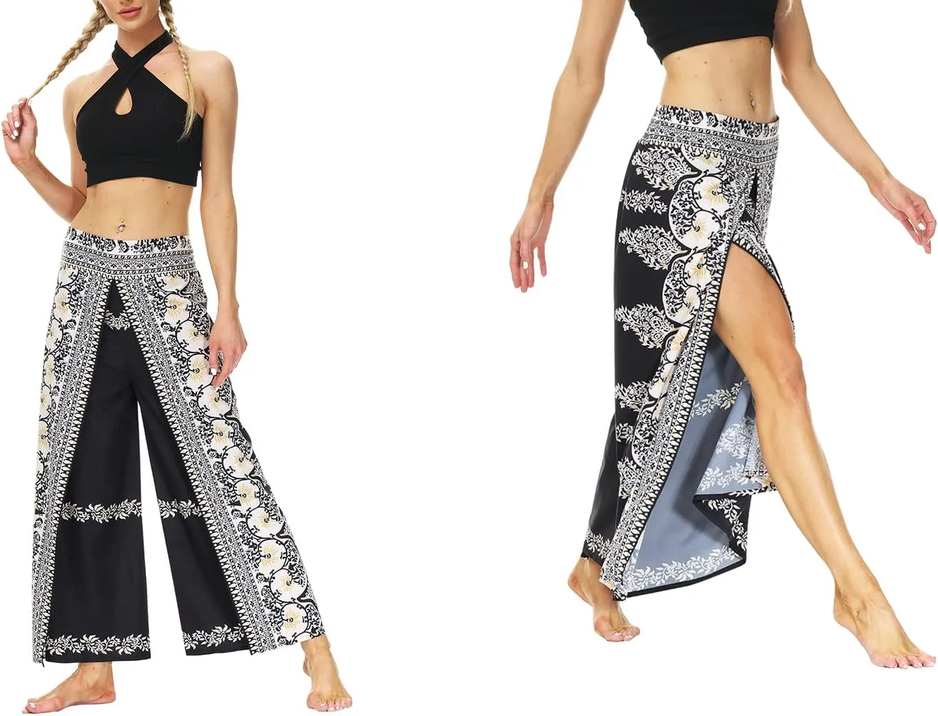 Ainuno Boho Pants Wide Leg Palazzo Pants with Slits for Women Flowy Hippie Pants Thin