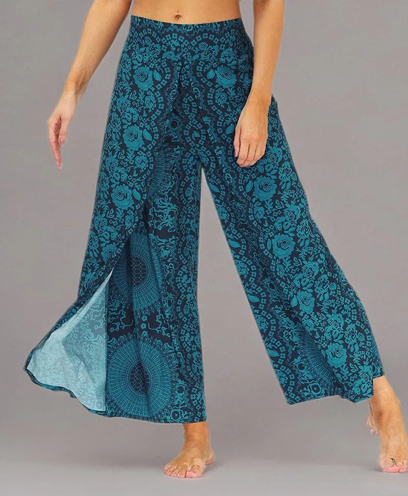 Ainuno Boho Pants Wide Leg Palazzo Pants with Slits for Women Flowy Hippie Pants Thin