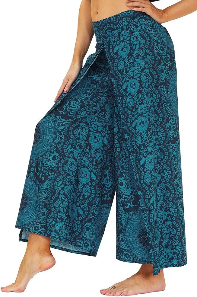 Ainuno Boho Pants Wide Leg Palazzo Pants with Slits for Women Flowy Hippie Pants Thin