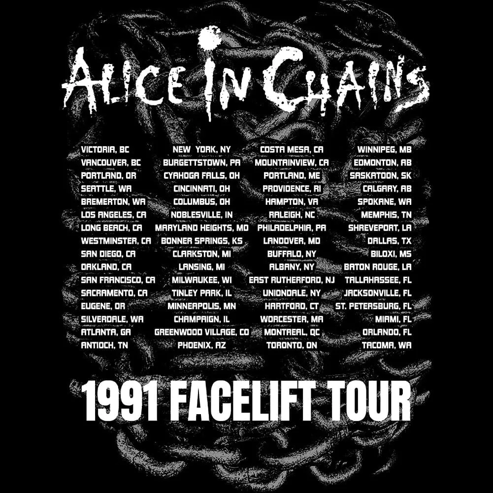 Alice in Chains Facelift Tour '91 Front & Back Print Adult Short Sleeve T Shirt Vintage Style Graphic Tee