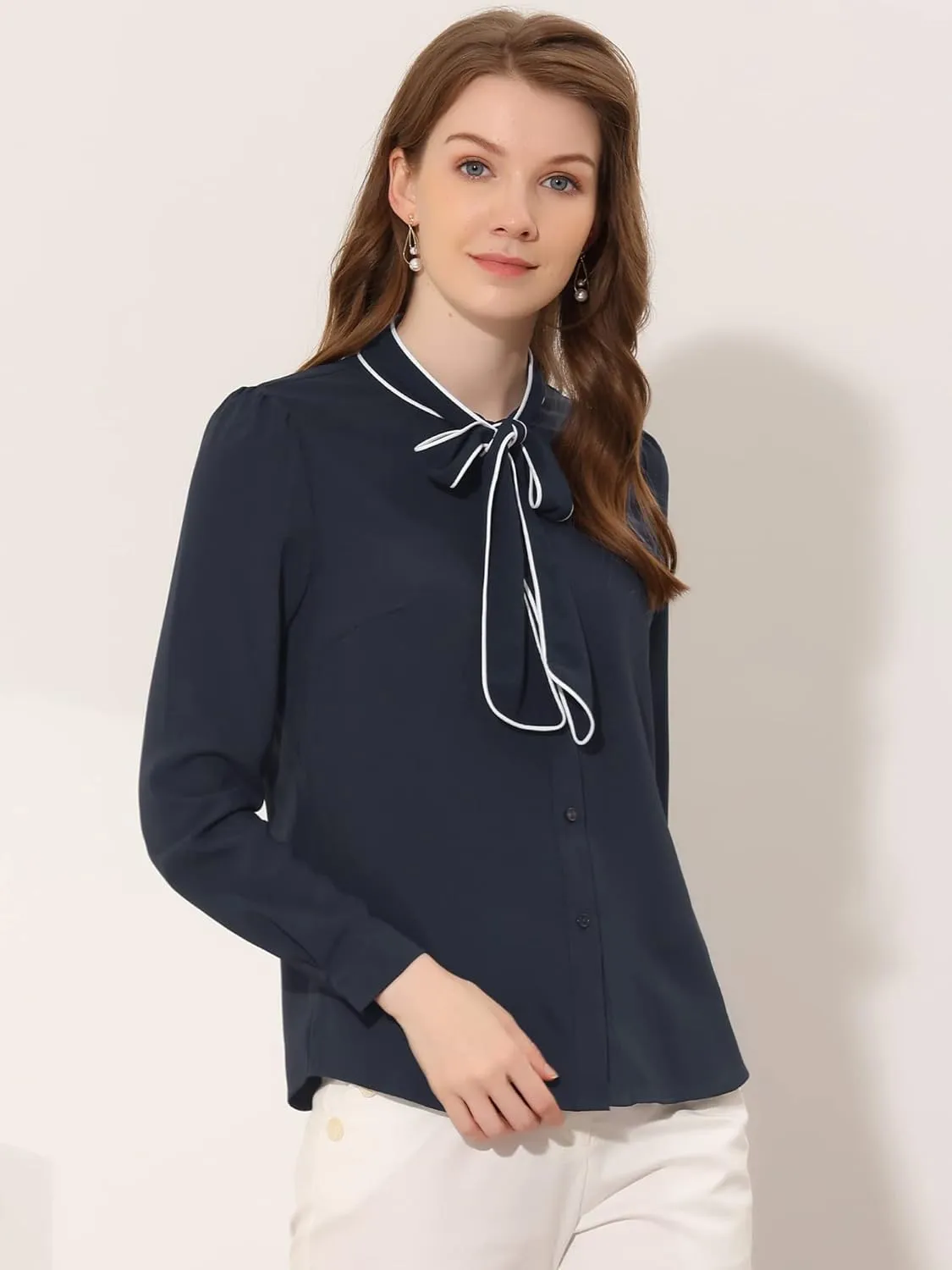 Allegra K Women's Bow Tie Blouse Button Down Long Sleeve Business Casual Work Shirt Top