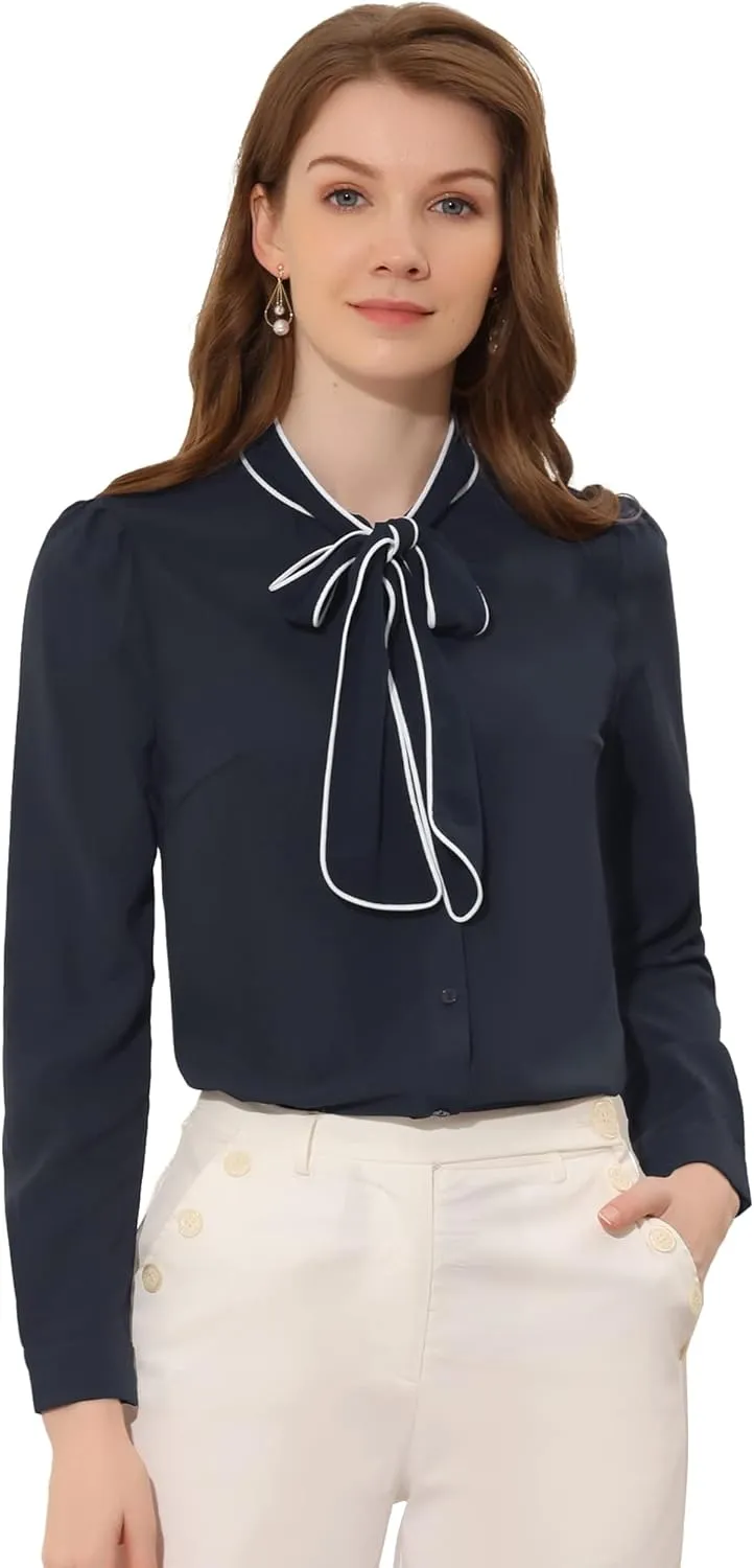 Allegra K Women's Bow Tie Blouse Button Down Long Sleeve Business Casual Work Shirt Top
