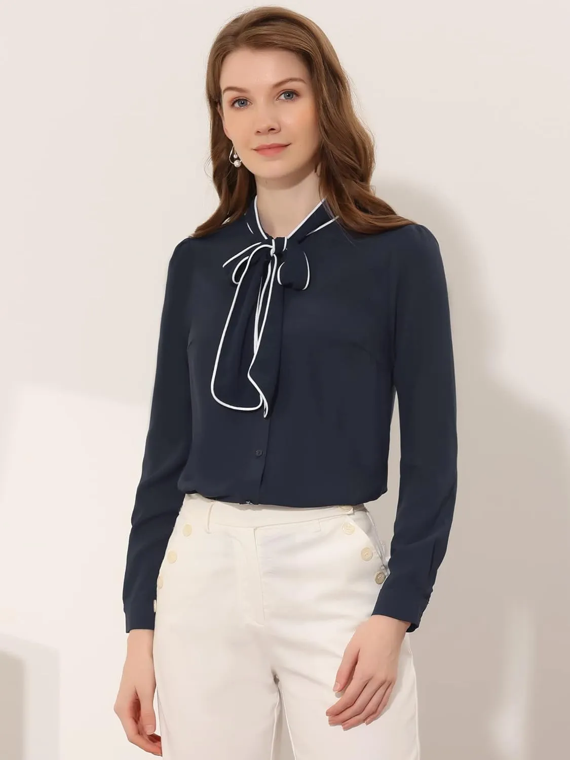 Allegra K Women's Bow Tie Blouse Button Down Long Sleeve Business Casual Work Shirt Top