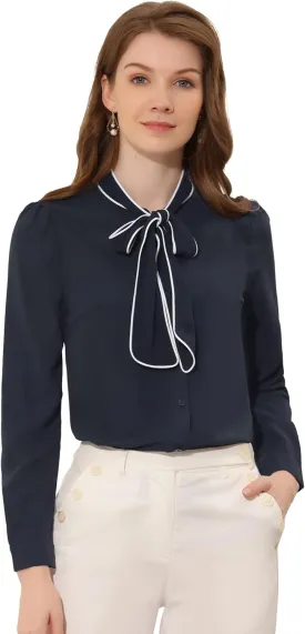 Allegra K Women's Bow Tie Blouse Button Down Long Sleeve Business Casual Work Shirt Top
