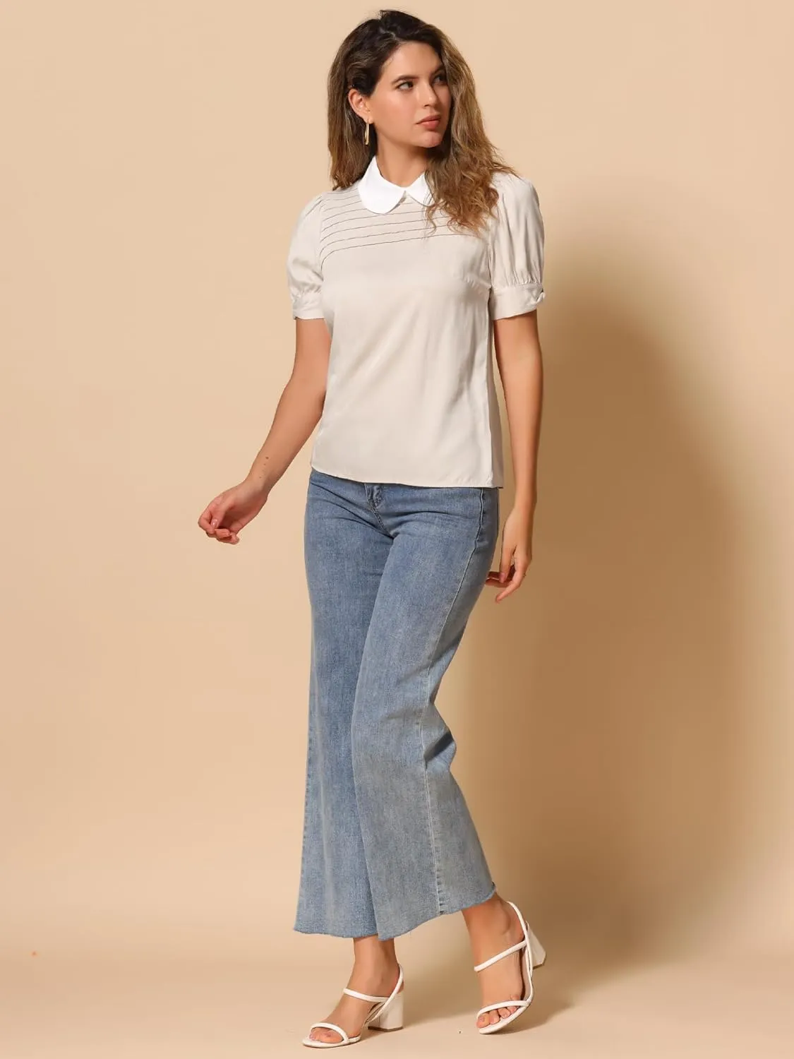 Allegra K Women's Vintage Peter Pan Collar Contrast Puff Short Sleeve Blouse Top