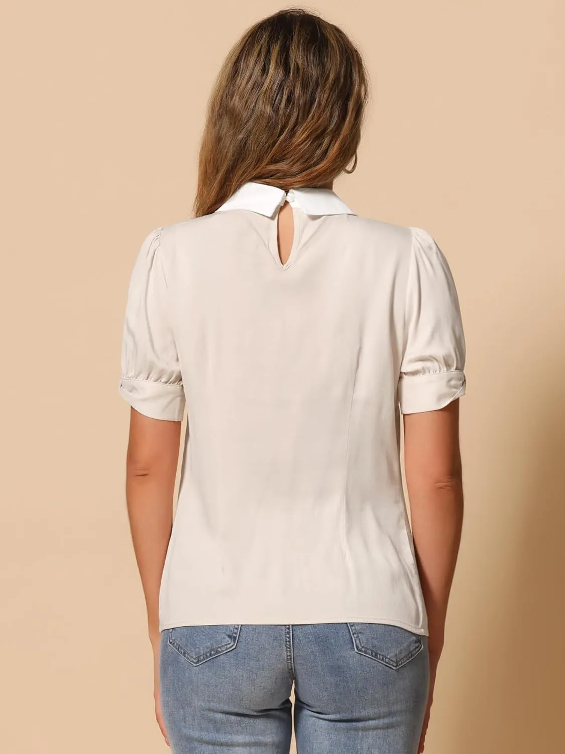 Allegra K Women's Vintage Peter Pan Collar Contrast Puff Short Sleeve Blouse Top