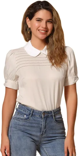 Allegra K Women's Vintage Peter Pan Collar Contrast Puff Short Sleeve Blouse Top