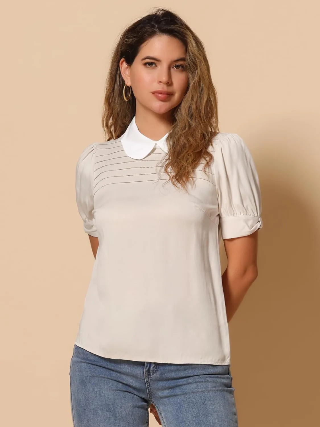 Allegra K Women's Vintage Peter Pan Collar Contrast Puff Short Sleeve Blouse Top