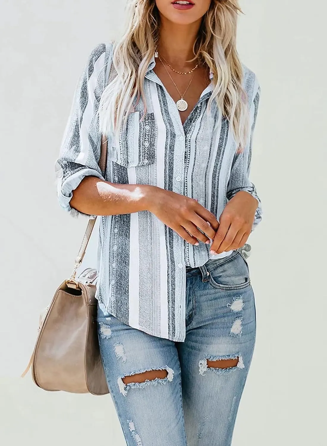 Astylish Women V Neck Striped Roll up Sleeve Button Down Blouse Tops