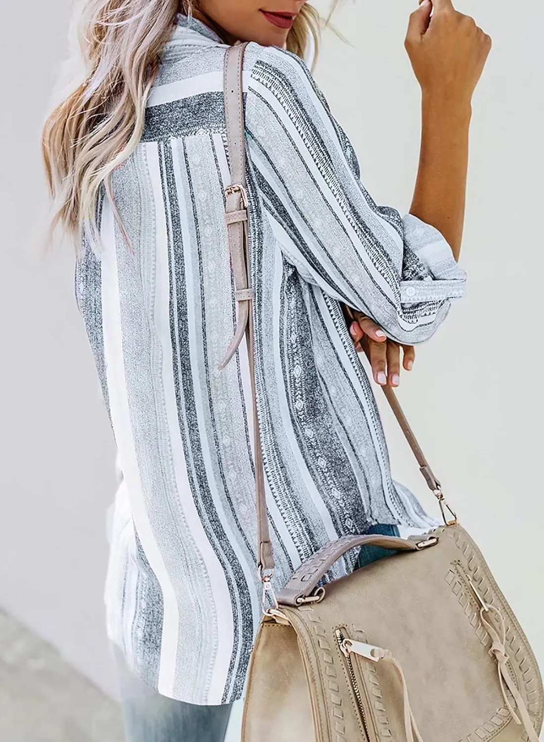Astylish Women V Neck Striped Roll up Sleeve Button Down Blouse Tops