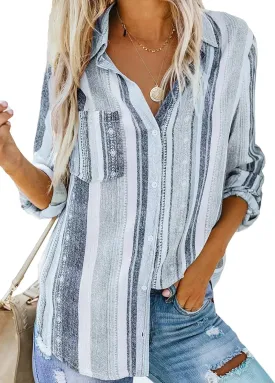Astylish Women V Neck Striped Roll up Sleeve Button Down Blouse Tops