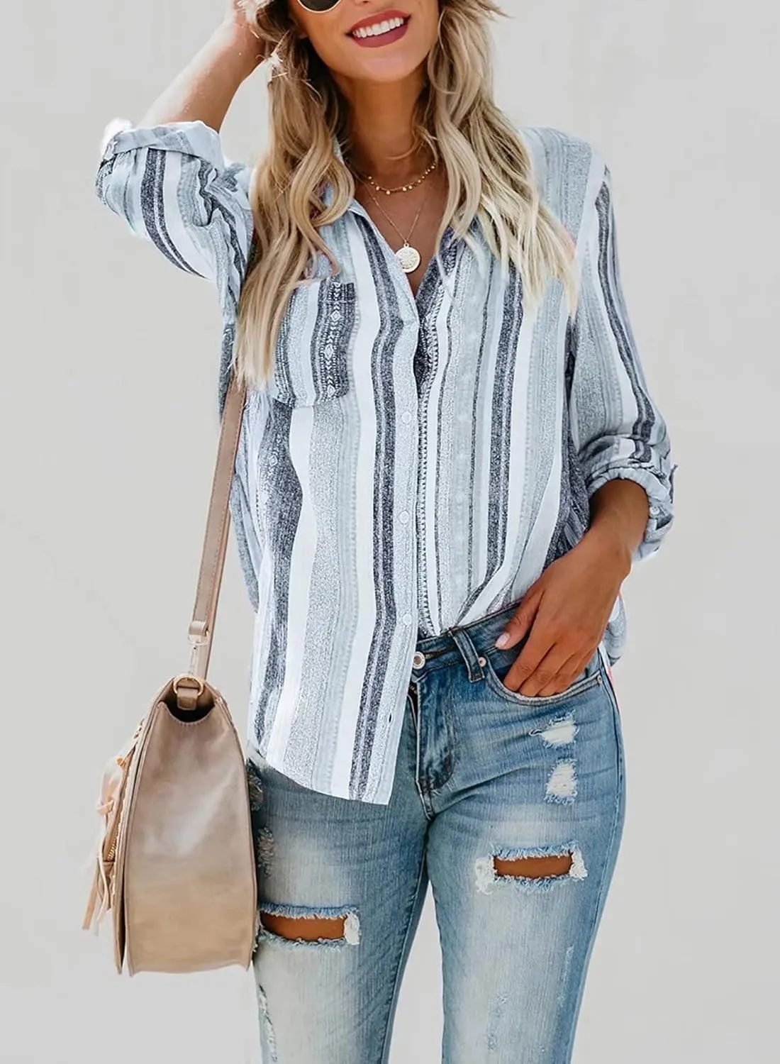 Astylish Women V Neck Striped Roll up Sleeve Button Down Blouse Tops