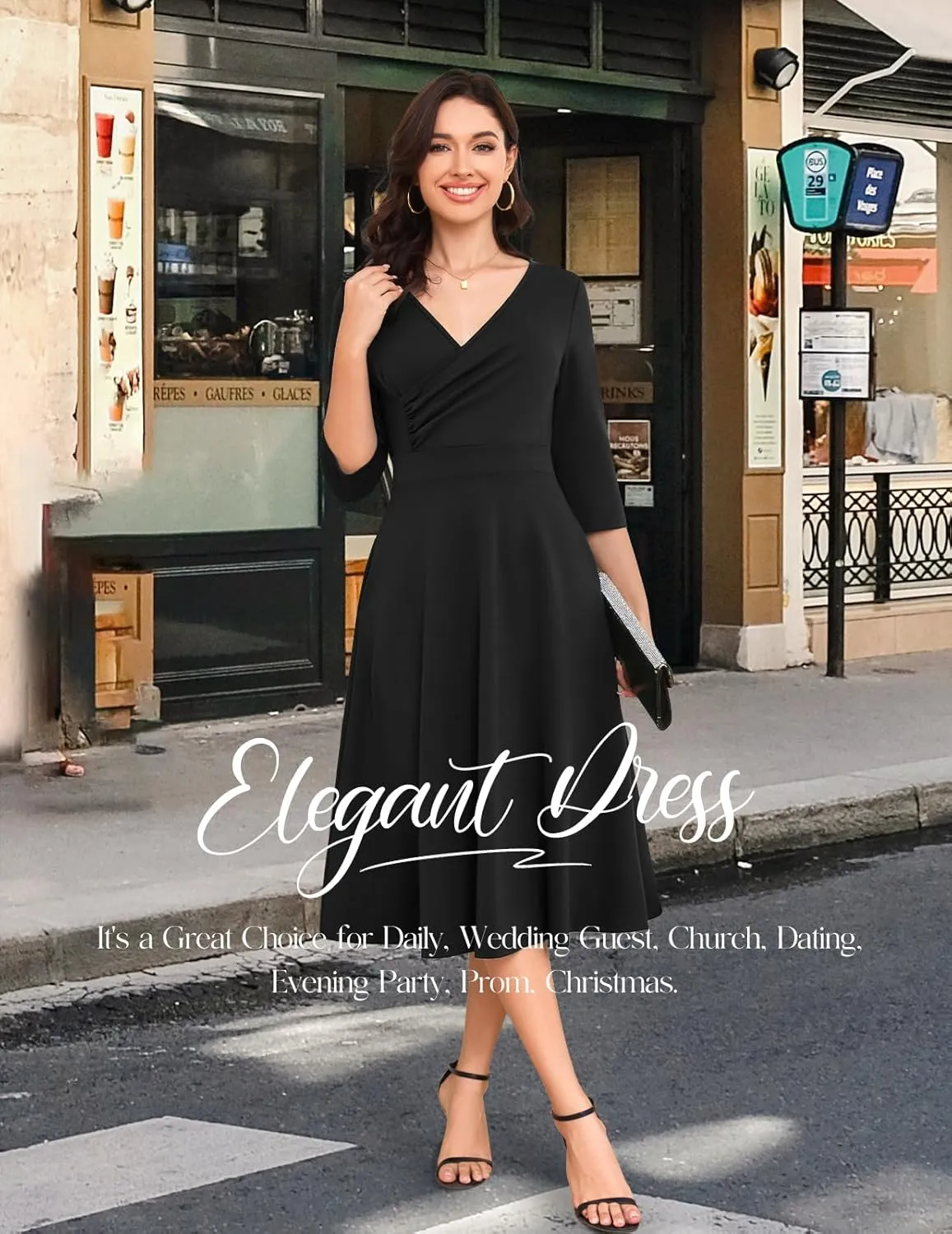 Bbonlinedress Women Cocktail Wrap Wedding Guest Formal Dresses V Neck 3/4 Sleeve Vintage Tea Length Midi Party Dress