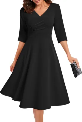 Bbonlinedress Women Cocktail Wrap Wedding Guest Formal Dresses V Neck 3/4 Sleeve Vintage Tea Length Midi Party Dress