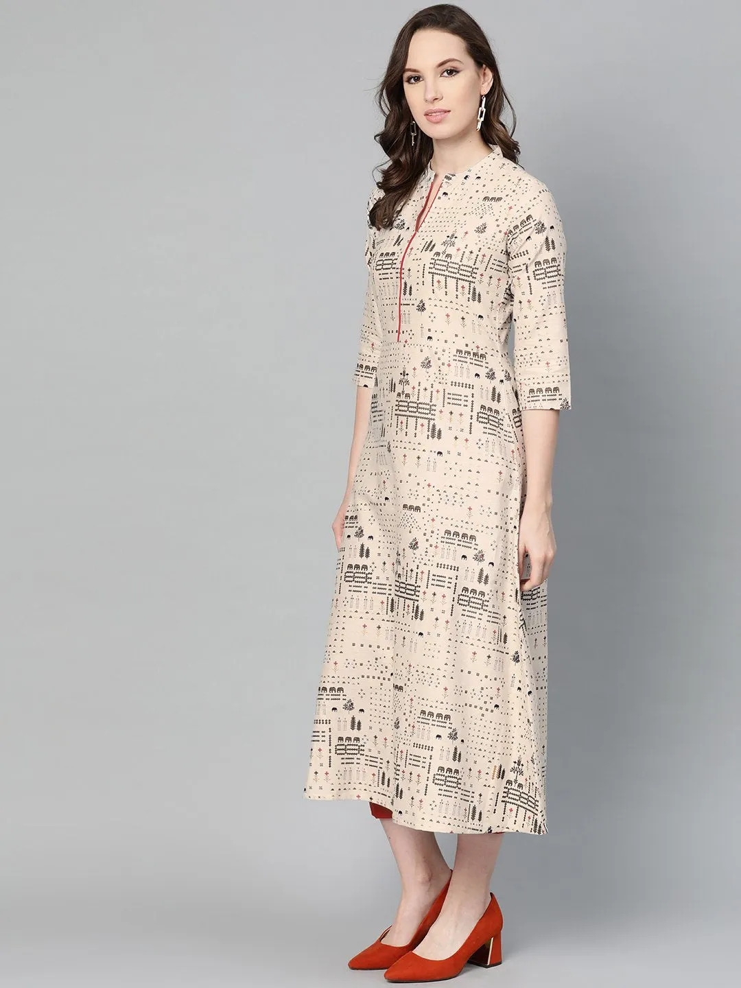 Beige And Black Printed A-Line Cotton Kurta