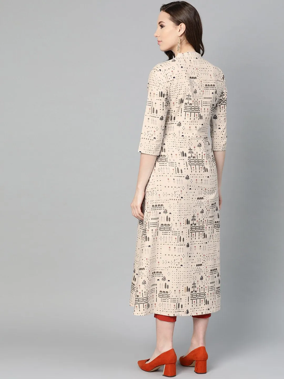 Beige And Black Printed A-Line Cotton Kurta