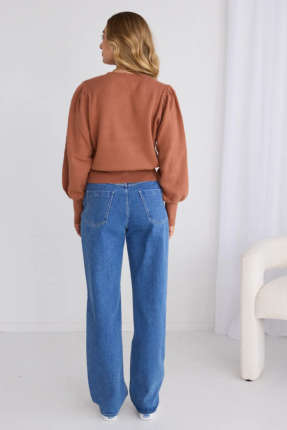 Belladonna Terracotta Cotton Poet Sleeve Fine Knit Jumper