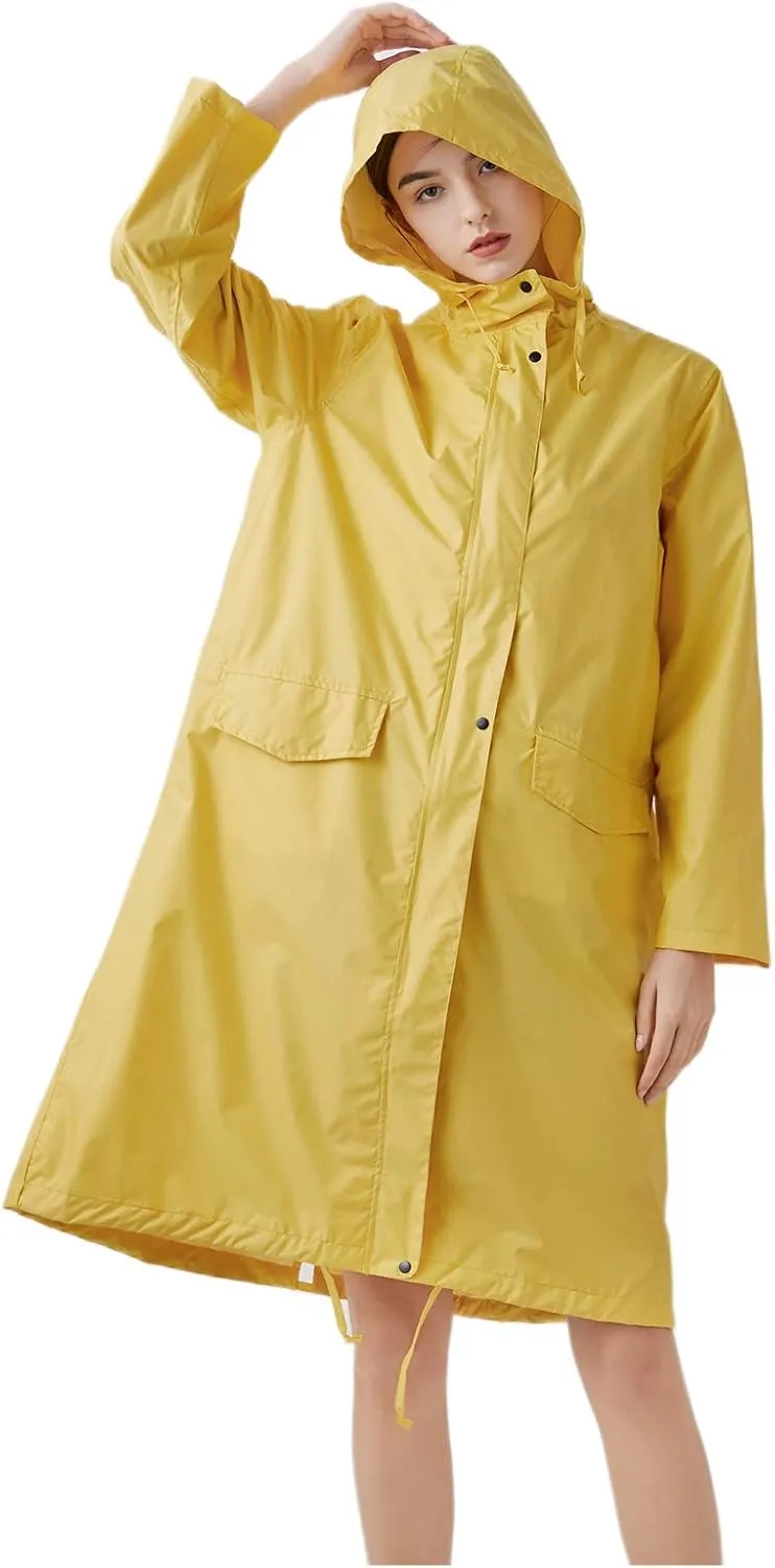 Freesmily Womens Stylish Long Raincoat Rain Jacket with Hood Zipper Button and Pockets Muti Colors Polka Dots