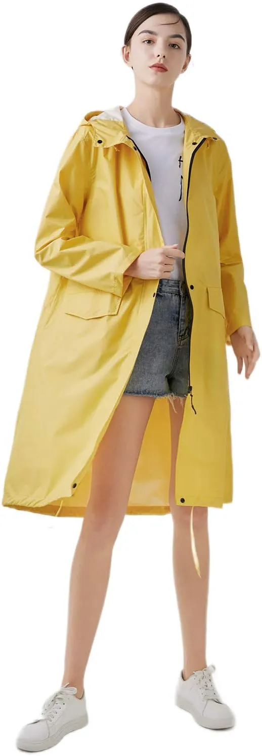 Freesmily Womens Stylish Long Raincoat Rain Jacket with Hood Zipper Button and Pockets Muti Colors Polka Dots