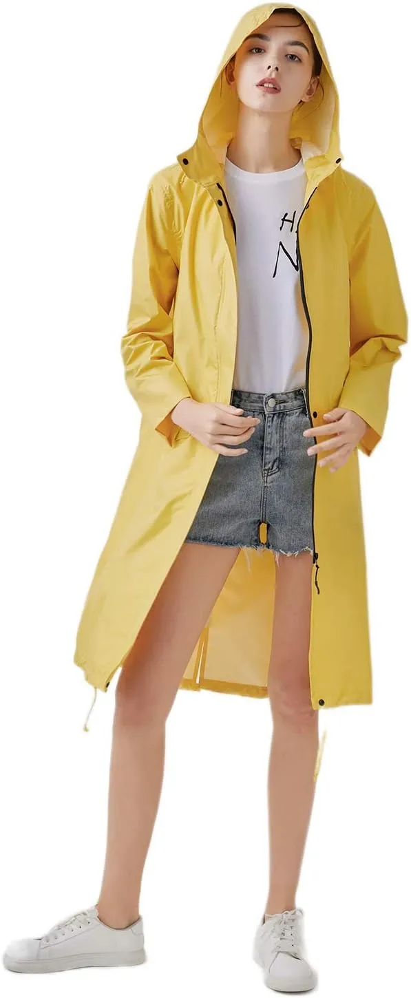 Freesmily Womens Stylish Long Raincoat Rain Jacket with Hood Zipper Button and Pockets Muti Colors Polka Dots