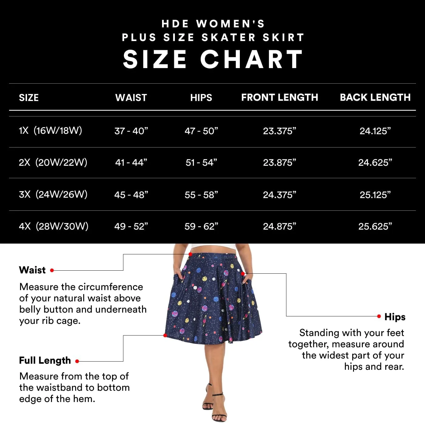 HDE Womens Plus Size Midi Skater Skirt High Waist Knee Length Skirt with Pockets