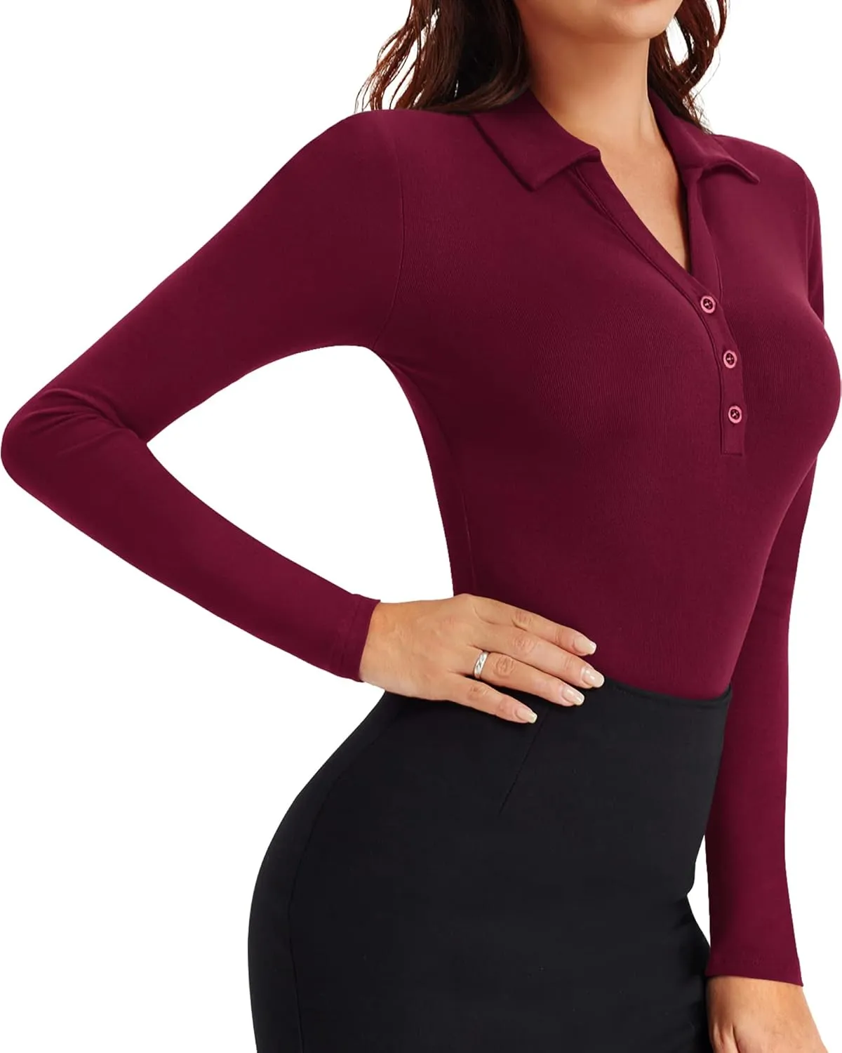 HERLOLLYCHIPS Womens Long Sleeve Short Sleeve Collared Polo Tops V Neck Button Down Fitted Shirts