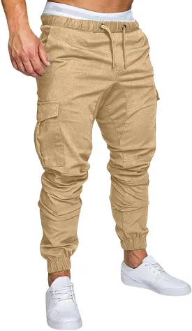 Joggers for Men Big and Tall Slim Fit Cargo Pants Drawstring Elastic Waist Pants Solid Hiking Pants Casual Dress Pants