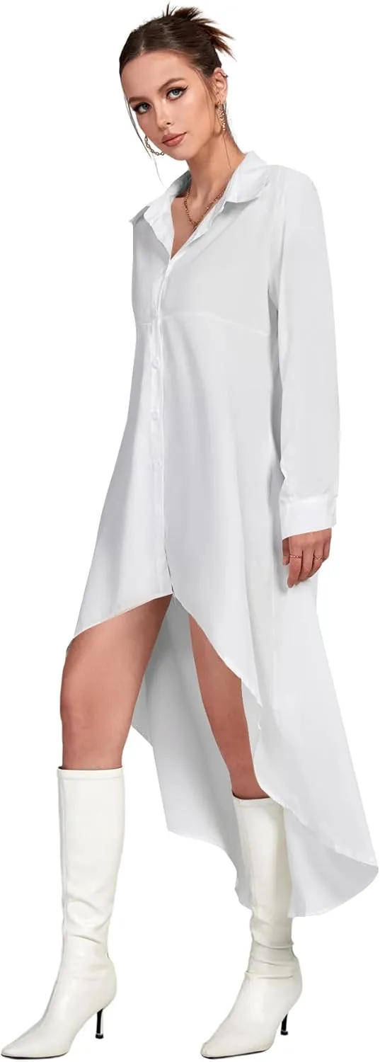 LYANER Women's Collar Button Down Flowy High Low Hem Long Sleeve Blouse Shirt Top
