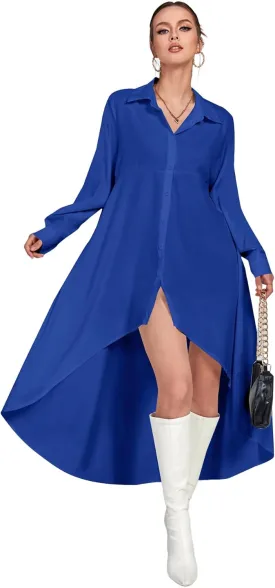 LYANER Women's Collar Button Down Flowy High Low Hem Long Sleeve Blouse Shirt Top
