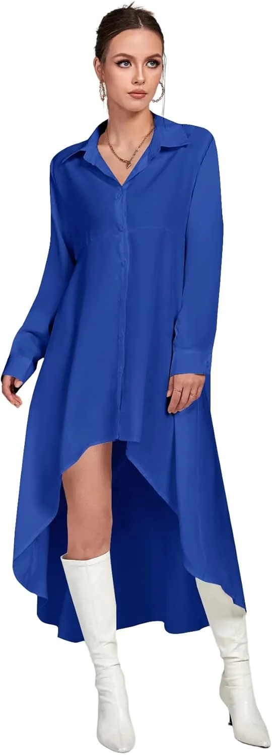 LYANER Women's Collar Button Down Flowy High Low Hem Long Sleeve Blouse Shirt Top