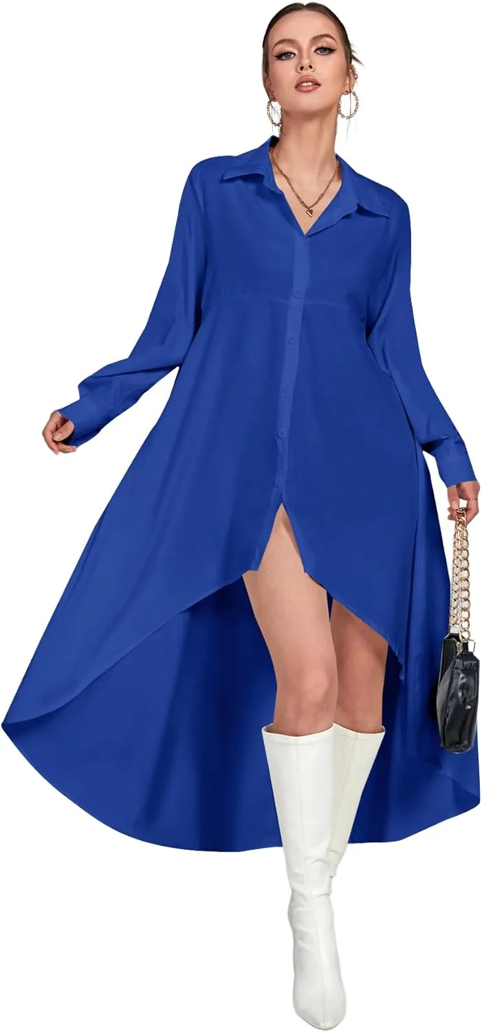 LYANER Women's Collar Button Down Flowy High Low Hem Long Sleeve Blouse Shirt Top