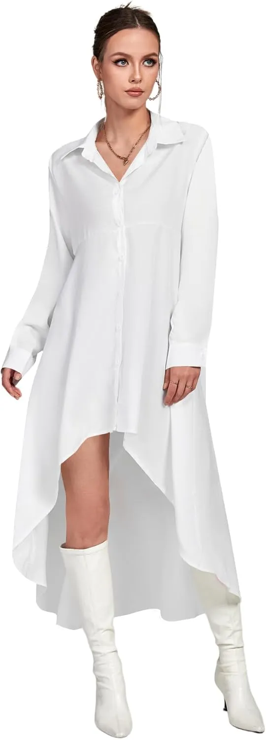 LYANER Women's Collar Button Down Flowy High Low Hem Long Sleeve Blouse Shirt Top