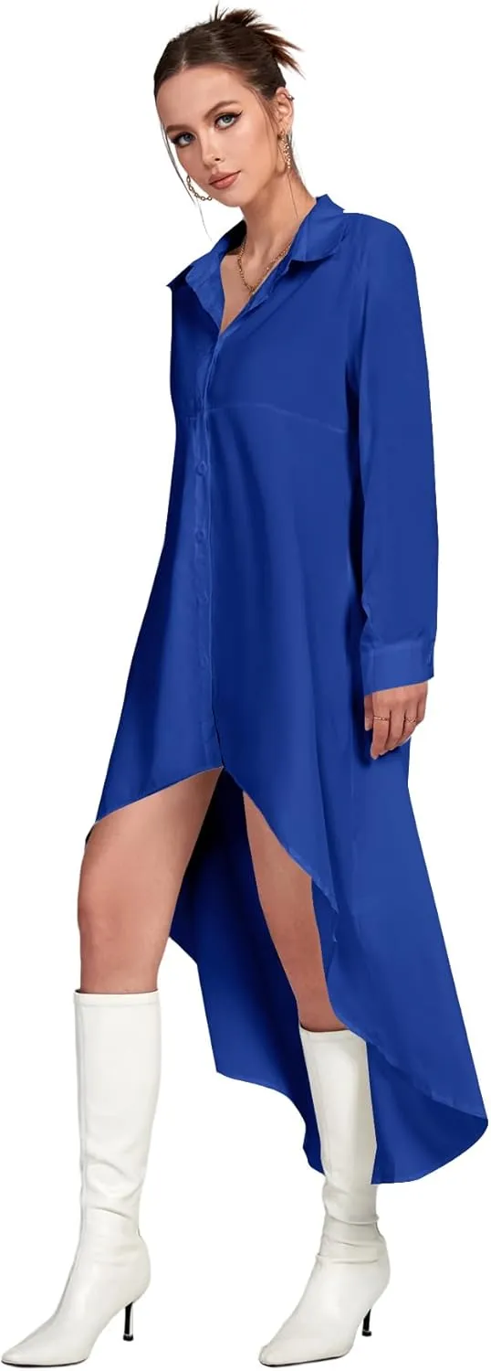 LYANER Women's Collar Button Down Flowy High Low Hem Long Sleeve Blouse Shirt Top