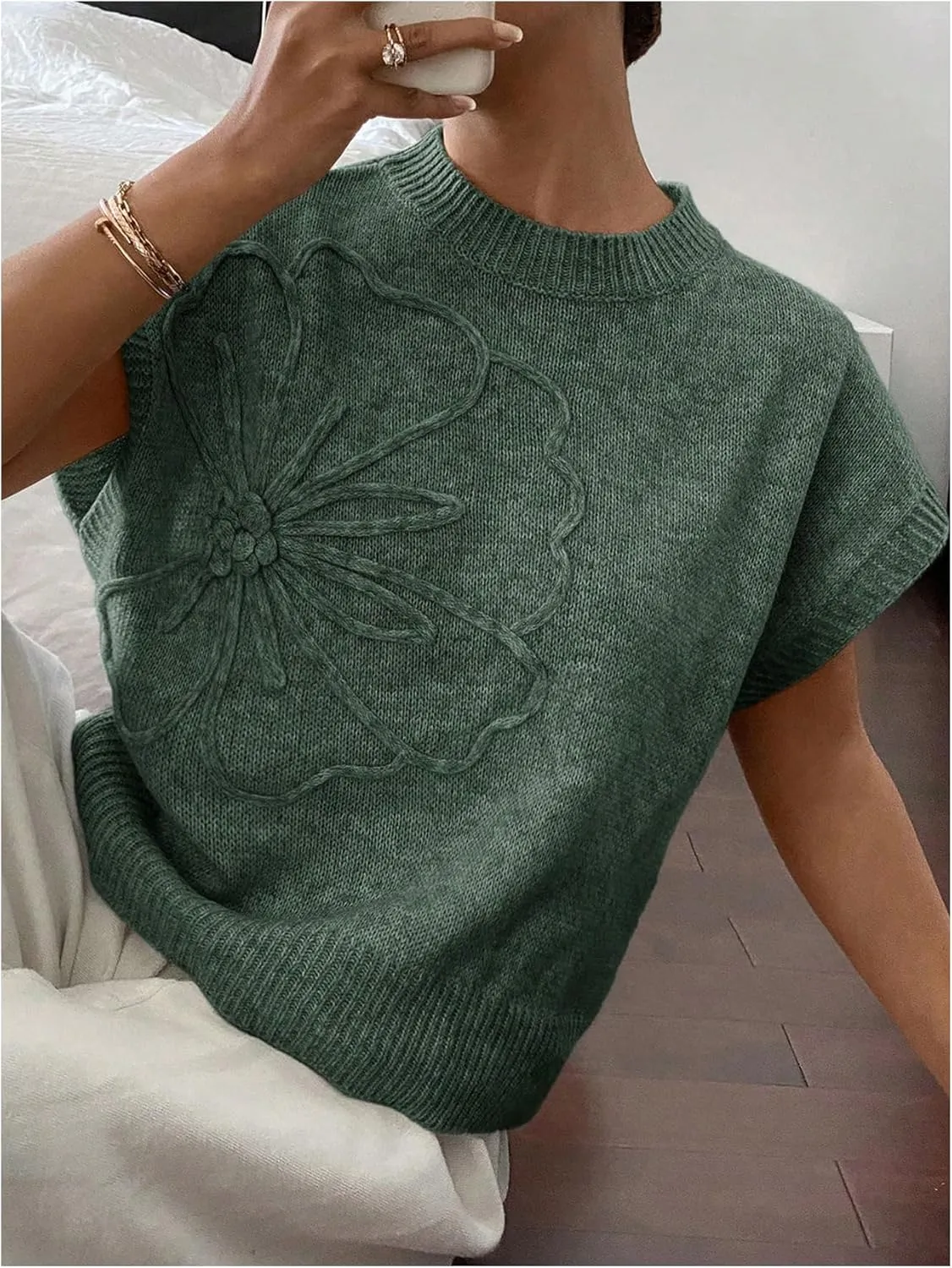 MakeMeChic Women's Floral Knitted Vest Top Sleeveless Pullover Sweater Vest