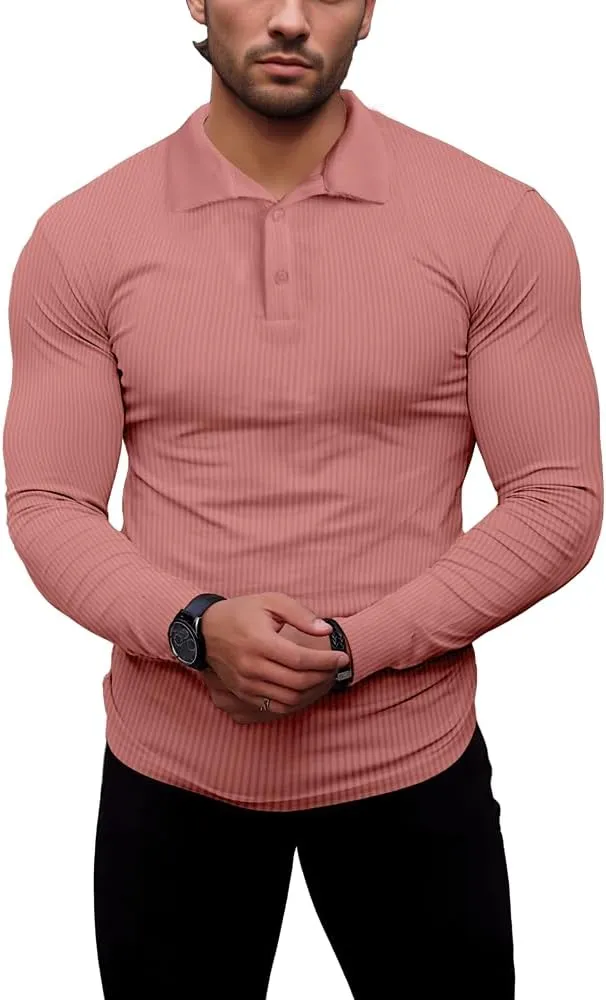 Men's Muscle Slim Fit Polo Shirts Long&Short Sleeve Stretch T-Shirts Casual Stylish Tee for Golf Workout