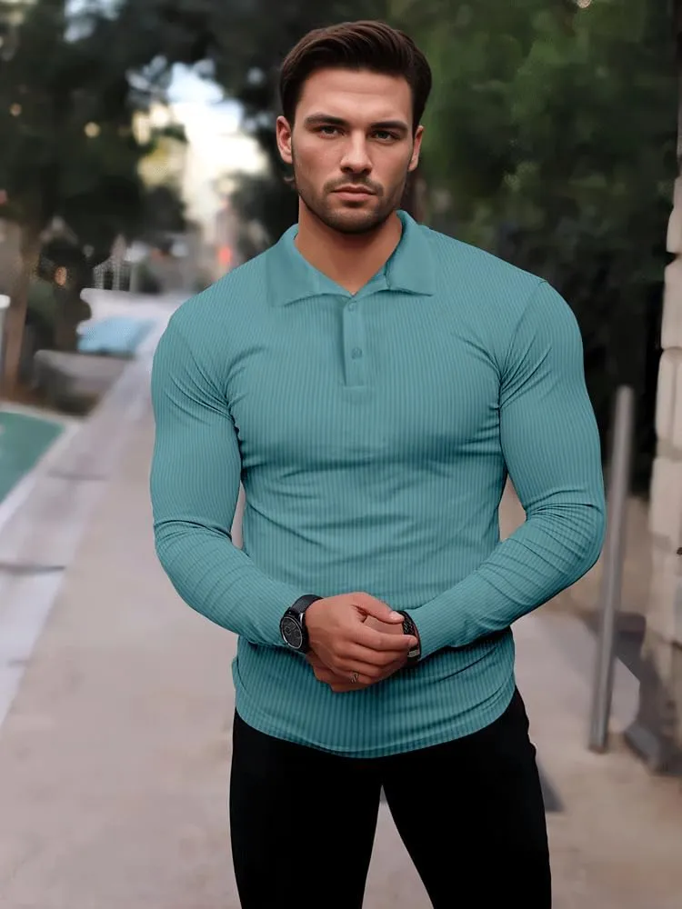 Men's Muscle Slim Fit Polo Shirts Long&Short Sleeve Stretch T-Shirts Casual Stylish Tee for Golf Workout