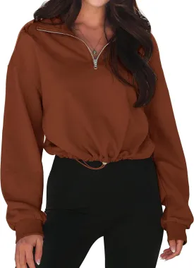 MEROKEETY Women's Quarter Zip Crop Sweatshirt Long Sleeve Stand Collar Drawstring Casual Pullover Top