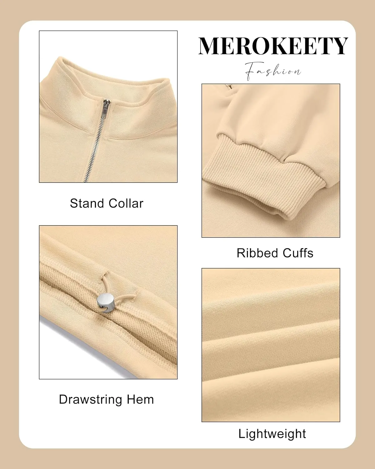 MEROKEETY Women's Quarter Zip Crop Sweatshirt Long Sleeve Stand Collar Drawstring Casual Pullover Top