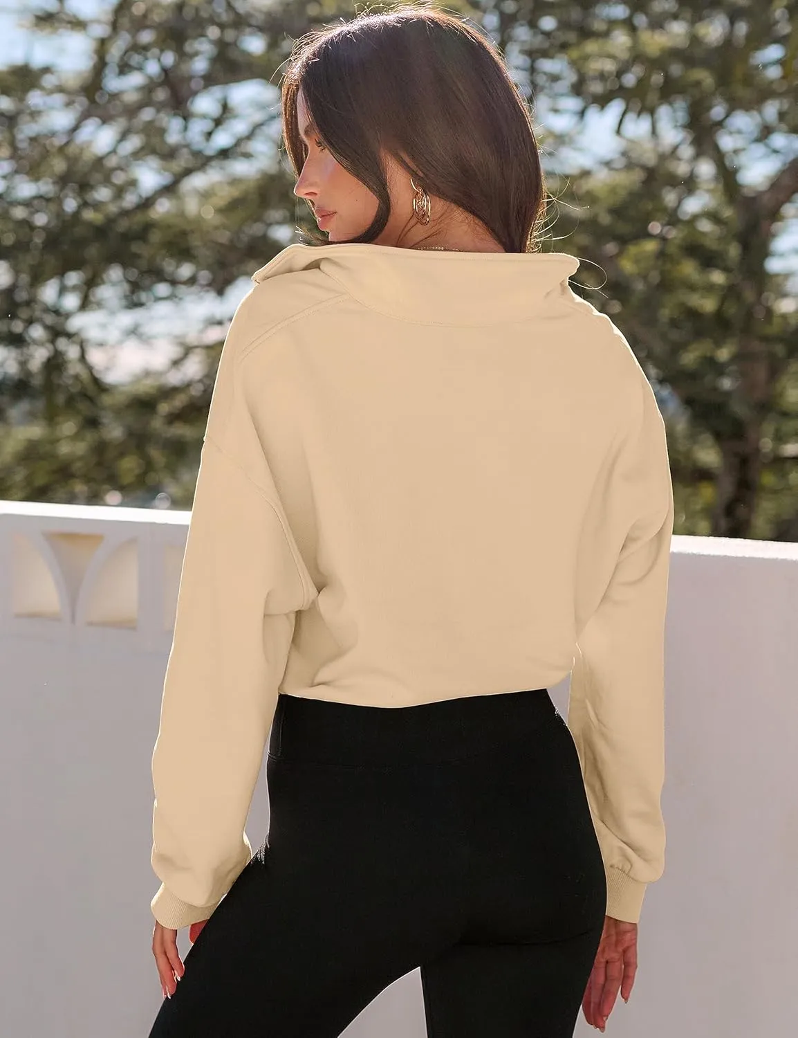 MEROKEETY Women's Quarter Zip Crop Sweatshirt Long Sleeve Stand Collar Drawstring Casual Pullover Top