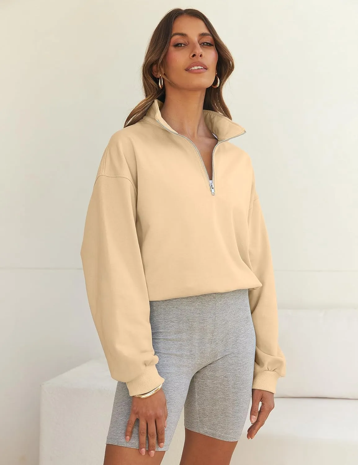 MEROKEETY Women's Quarter Zip Crop Sweatshirt Long Sleeve Stand Collar Drawstring Casual Pullover Top
