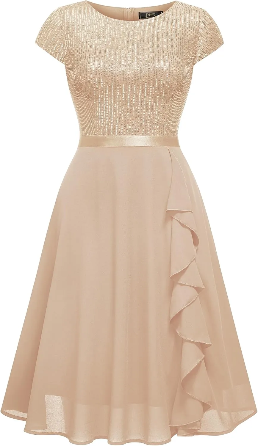 MISSMAY Women's Elegant Glitter Sequin Ruffle Style Cocktail Prom Dress