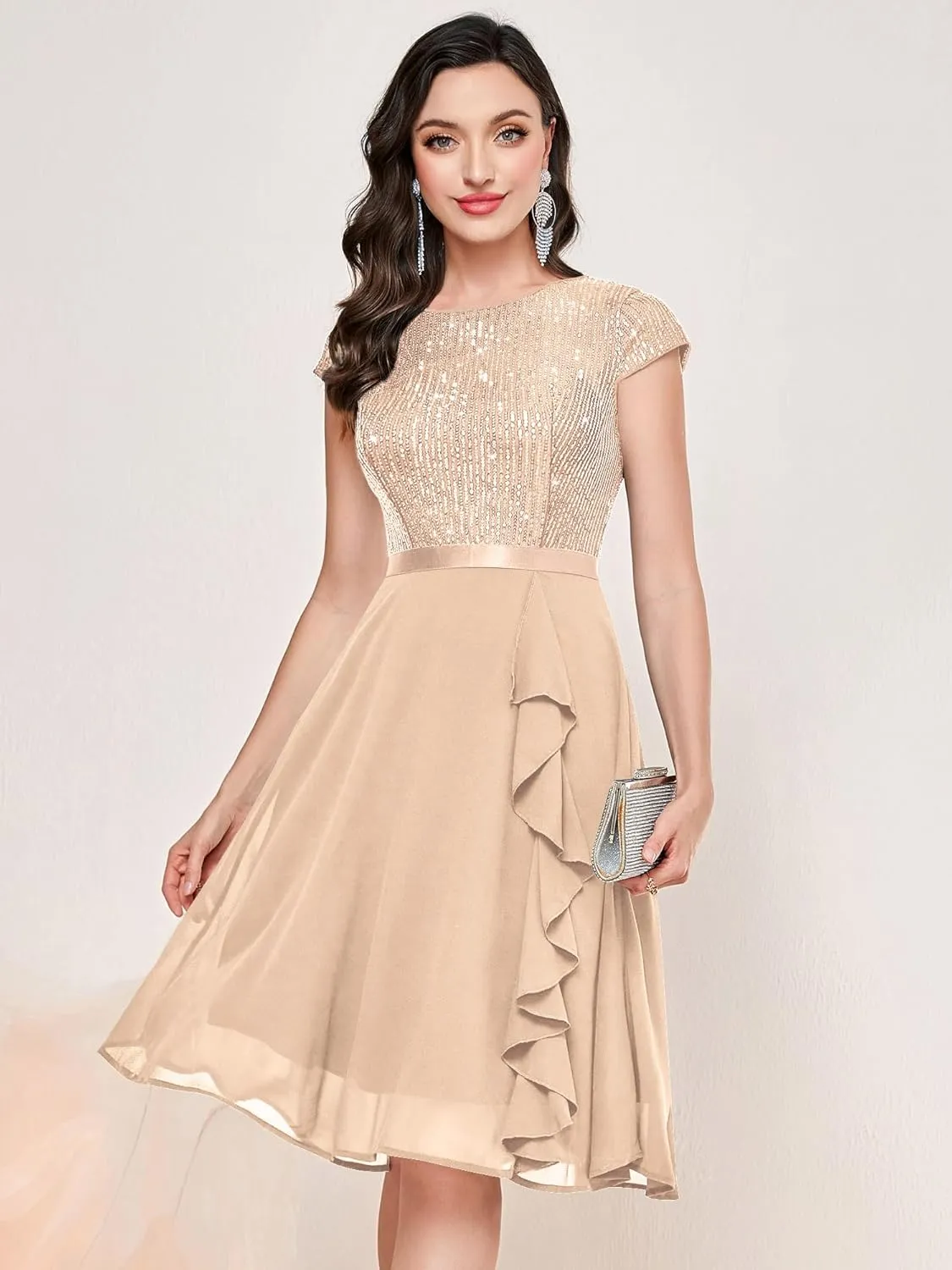 MISSMAY Women's Elegant Glitter Sequin Ruffle Style Cocktail Prom Dress