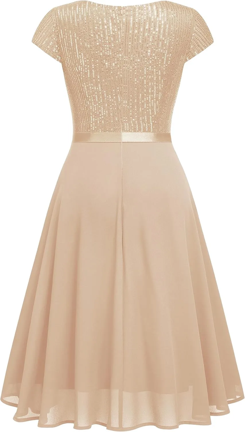MISSMAY Women's Elegant Glitter Sequin Ruffle Style Cocktail Prom Dress