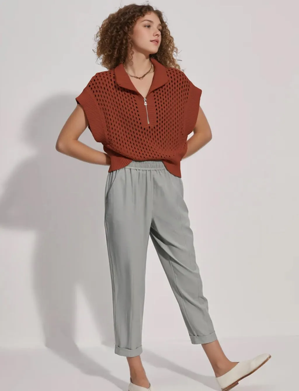 Oversized Hollow Knit Sweater Vest for Women Casual Half-Zip Cap Sleeve Crochet Knit Tank Tops