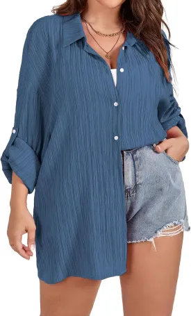 SCOMCHIC Women Plus Size Button Down Shirts Long Roll Up Sleeve V Neck Collared Casual Blouses Oversized Shirt Tops