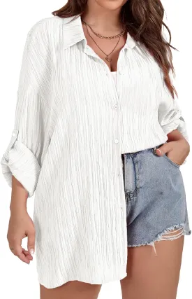 SCOMCHIC Women Plus Size Button Down Shirts Long Roll Up Sleeve V Neck Collared Casual Blouses Oversized Shirt Tops